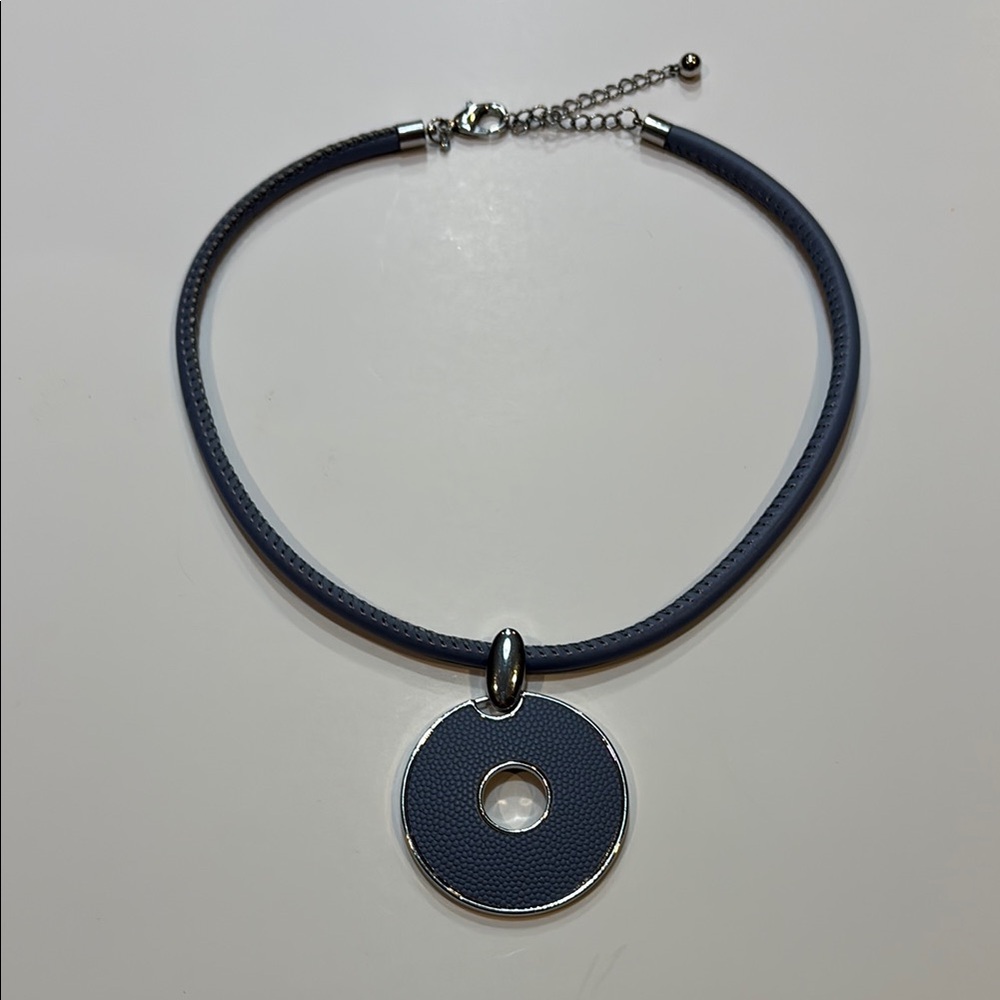 Blue Leather like Disc Pendant Necklace